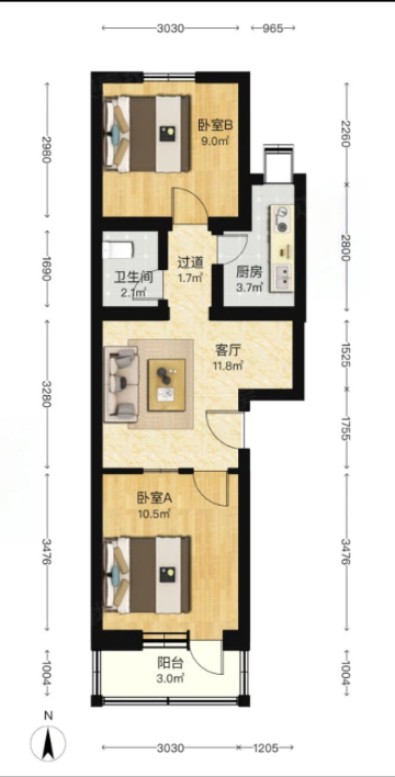 原户型图，含两卧室、客厅、厨房、卫生间、阳台及尺寸标注